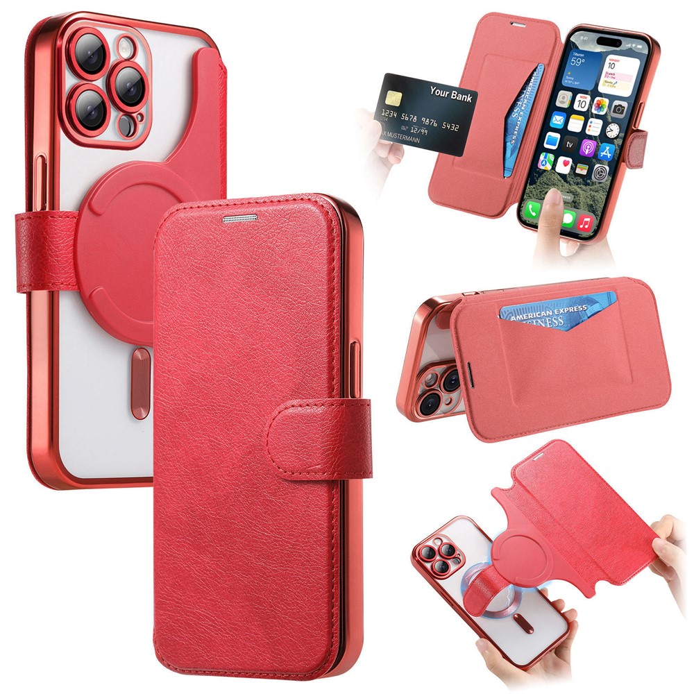 For iPhone 14 Pro Case Compatible with MagSafe Detachable Leather Phone Cover with Lens Film - Red
