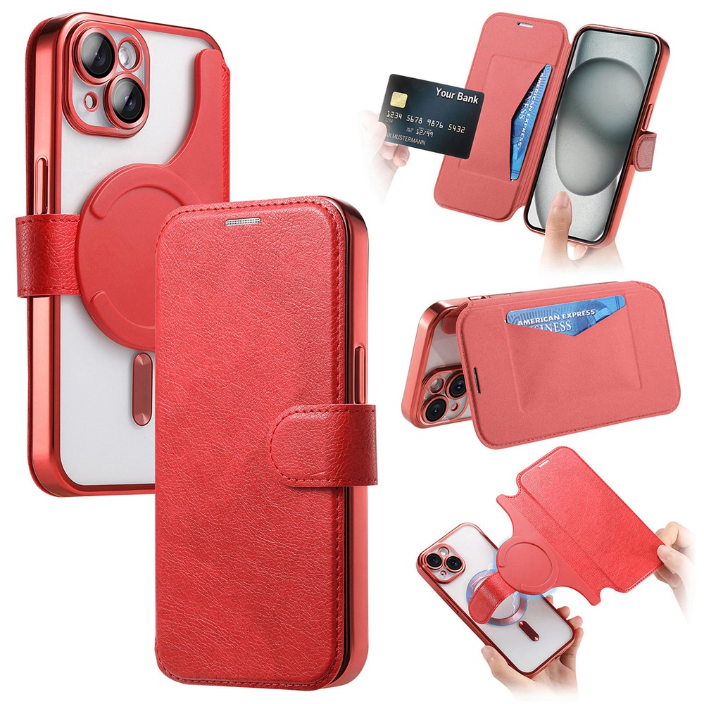 For iPhone 14 Case Compatible with MagSafe Detachable Leather Phone Cover with Lens Film - Red