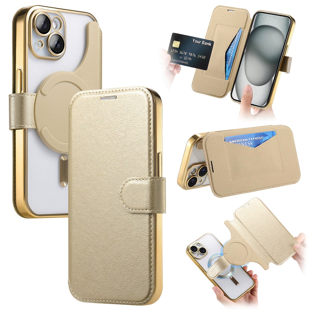 For iPhone 14 Case Compatible with MagSafe Detachable Leather Phone Cover with Lens Film - Gold