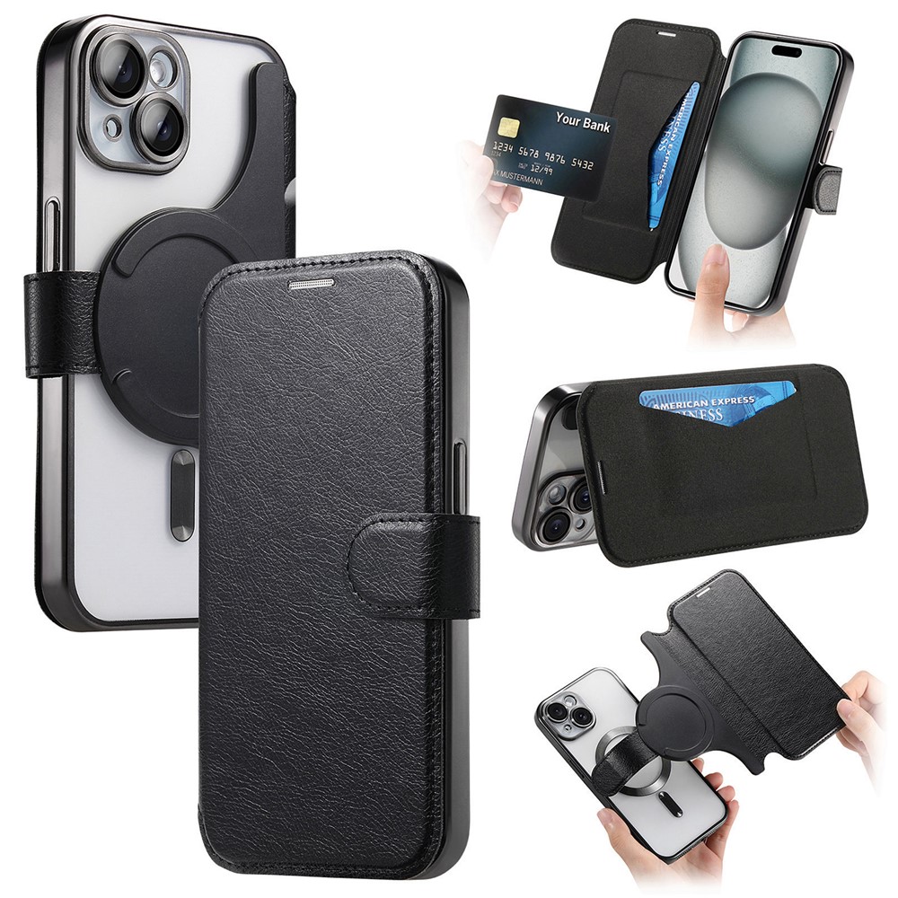 For iPhone 15 Plus Case Compatible with MagSafe Detachable Leather Phone Cover with Lens Film - Black