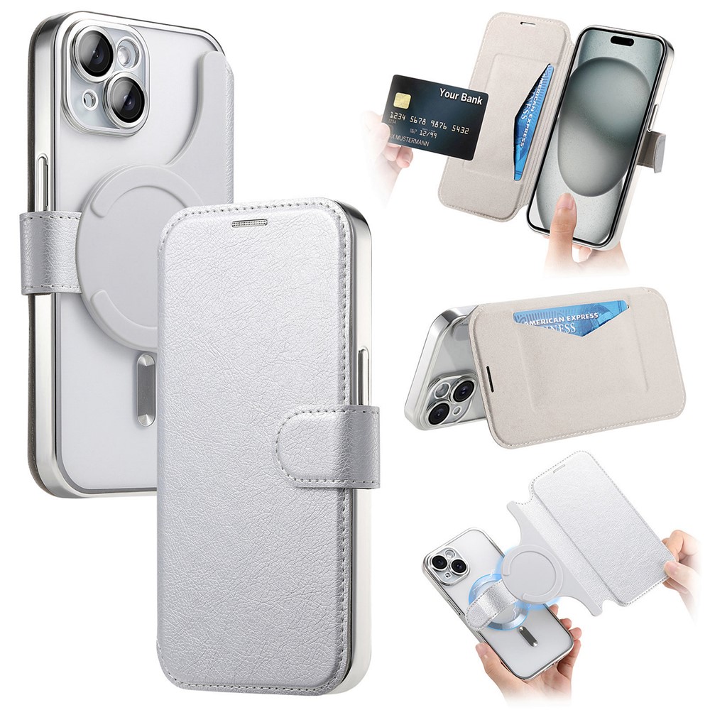 For iPhone 15 Plus Case Compatible with MagSafe Detachable Leather Phone Cover with Lens Film - Silver