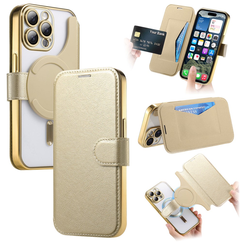 For iPhone 15 Pro Max Case Compatible with MagSafe Detachable Leather Phone Cover with Lens Film - Gold