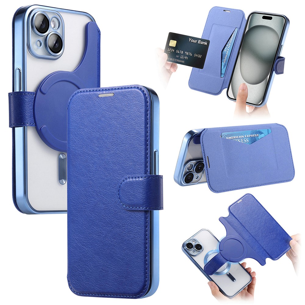 For iPhone 15 Case Compatible with MagSafe Detachable Leather Phone Cover with Lens Film - Blue