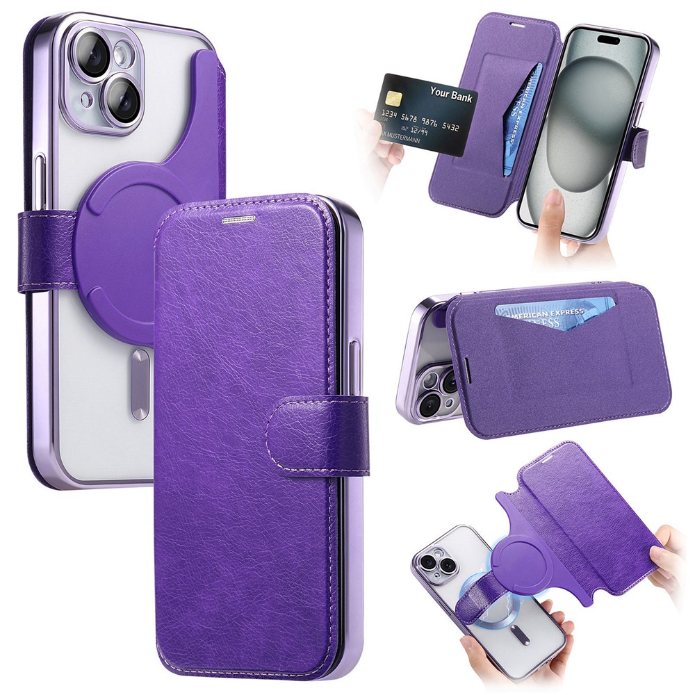 For iPhone 15 Case Compatible with MagSafe Detachable Leather Phone Cover with Lens Film - Light Purple