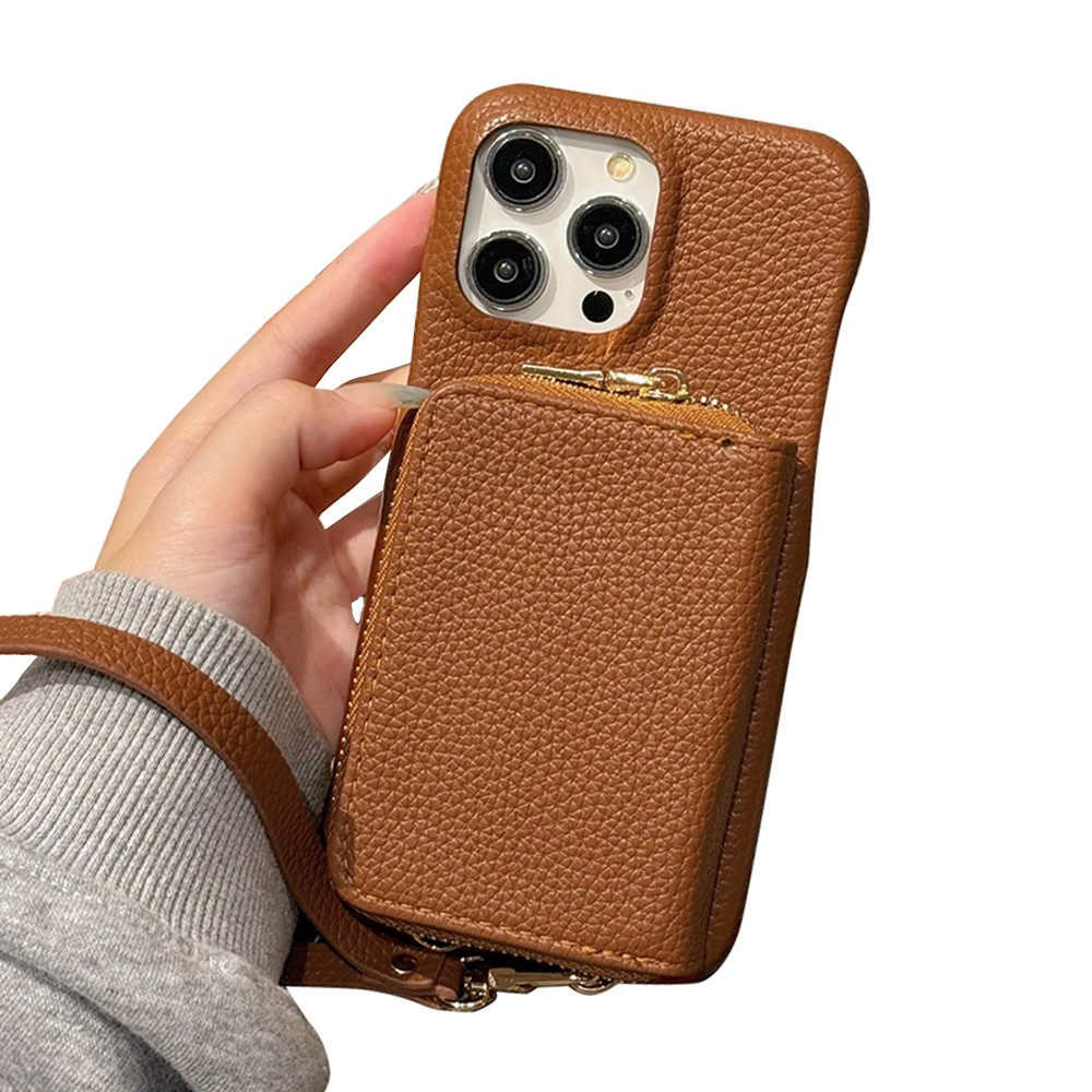 For iPhone 15 Pro Max Case Zipper Card Slots PU Leather Phone Back Cover with Wrist Strap - Dark Brown
