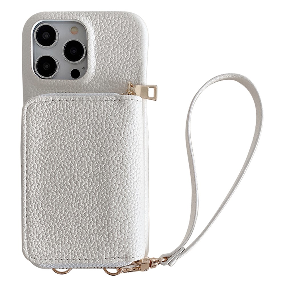For iPhone 15 Pro Max Case Zipper Card Slots PU Leather Phone Back Cover with Wrist Strap - White