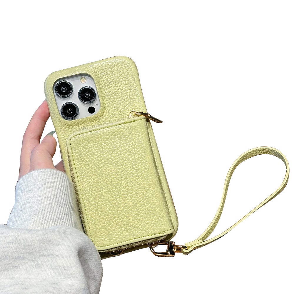 For iPhone 15 Pro Max Case Zipper Card Slots PU Leather Phone Back Cover with Wrist Strap - Green
