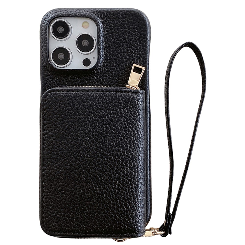For iPhone 14 Pro Max Case Zipper Card Slots PU Leather Phone Back Cover with Wrist Strap - Black
