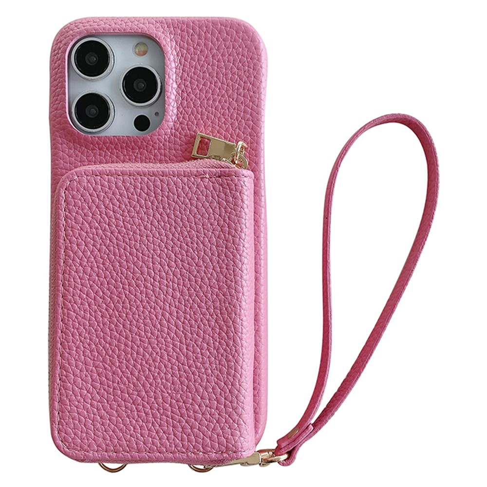 For iPhone 14 Pro Case Zipper Card Slots PU Leather Phone Back Cover with Wrist Strap - Pink