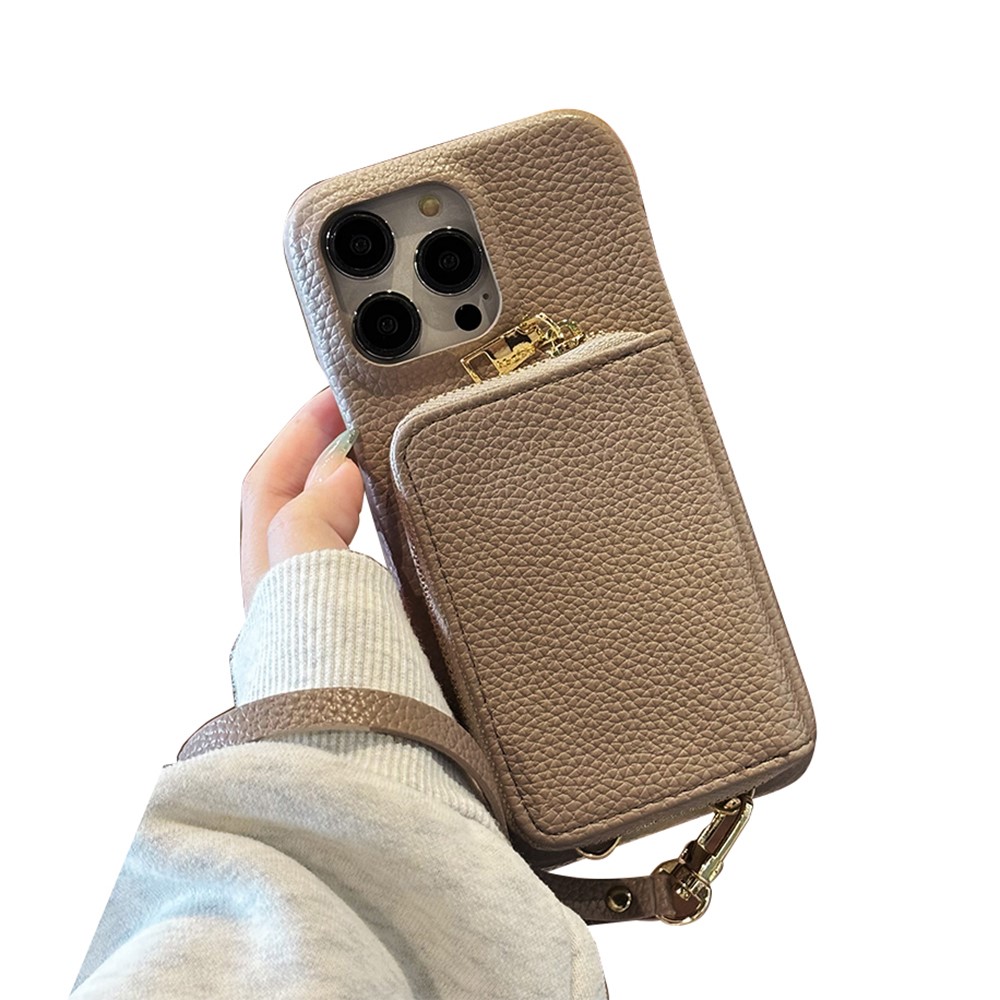 For iPhone 14 Pro Case Zipper Card Slots PU Leather Phone Back Cover with Wrist Strap - Grey