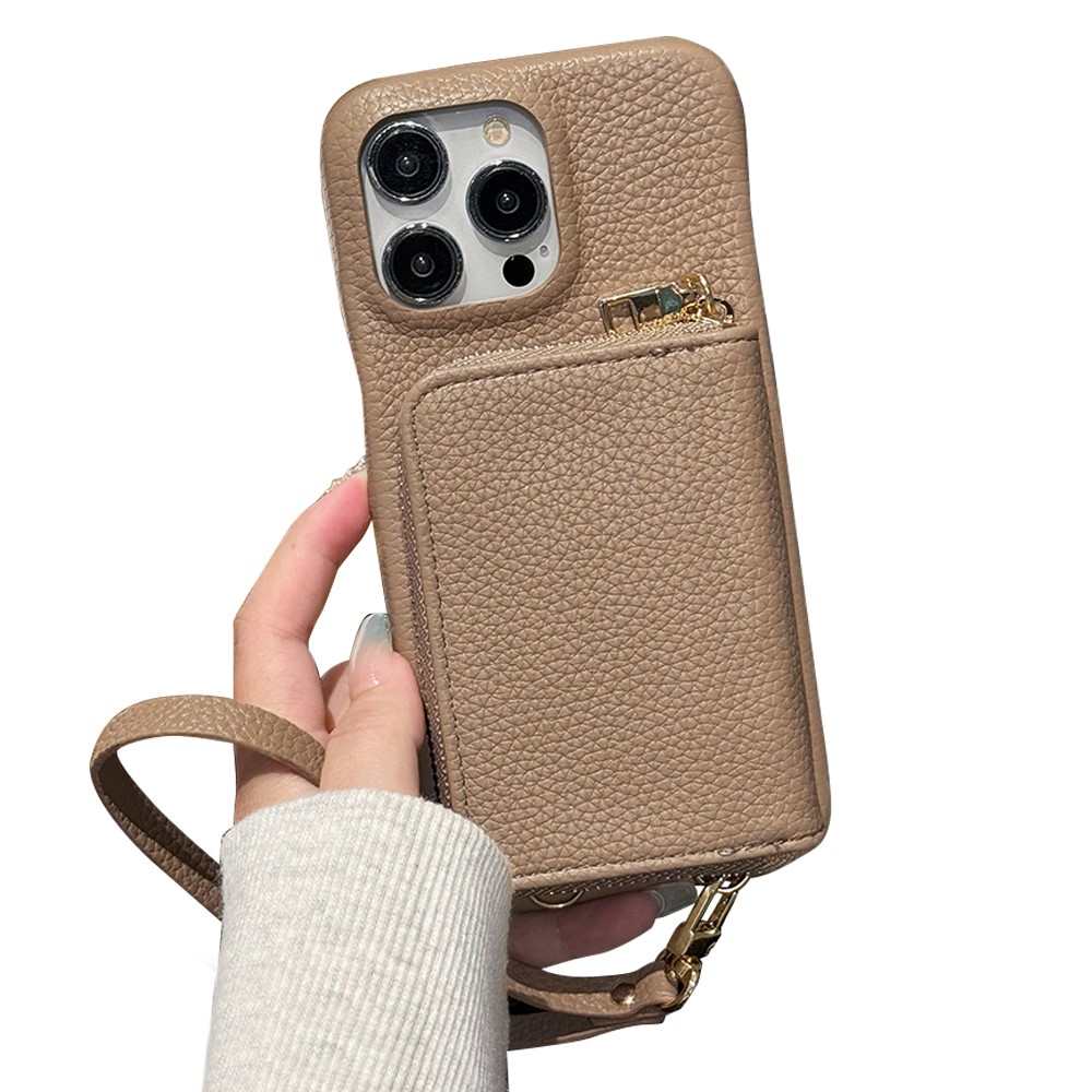For iPhone 14 Pro Case Zipper Card Slots PU Leather Phone Back Cover with Wrist Strap - Light Brown