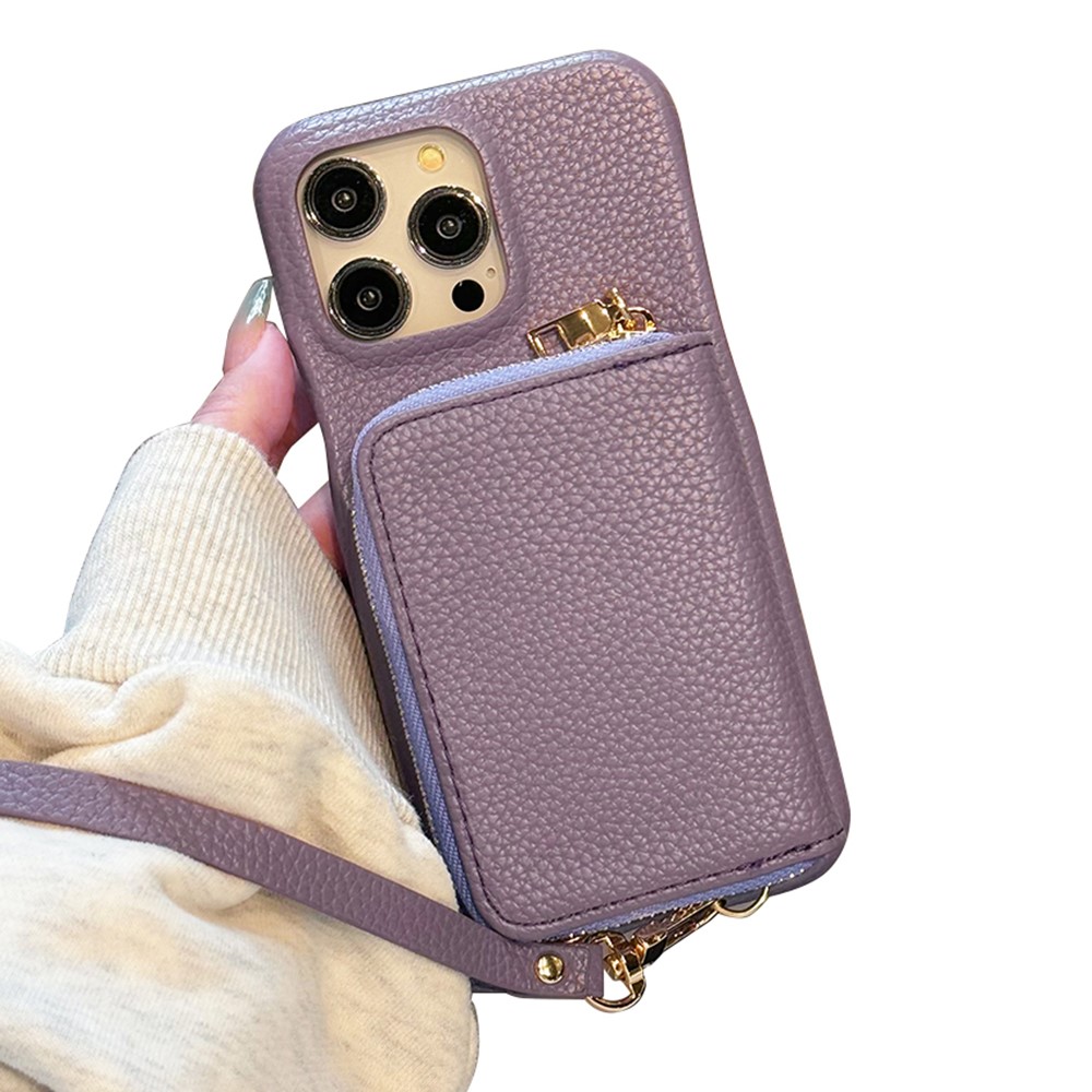 For iPhone 14 Pro Case Zipper Card Slots PU Leather Phone Back Cover with Wrist Strap - Purple