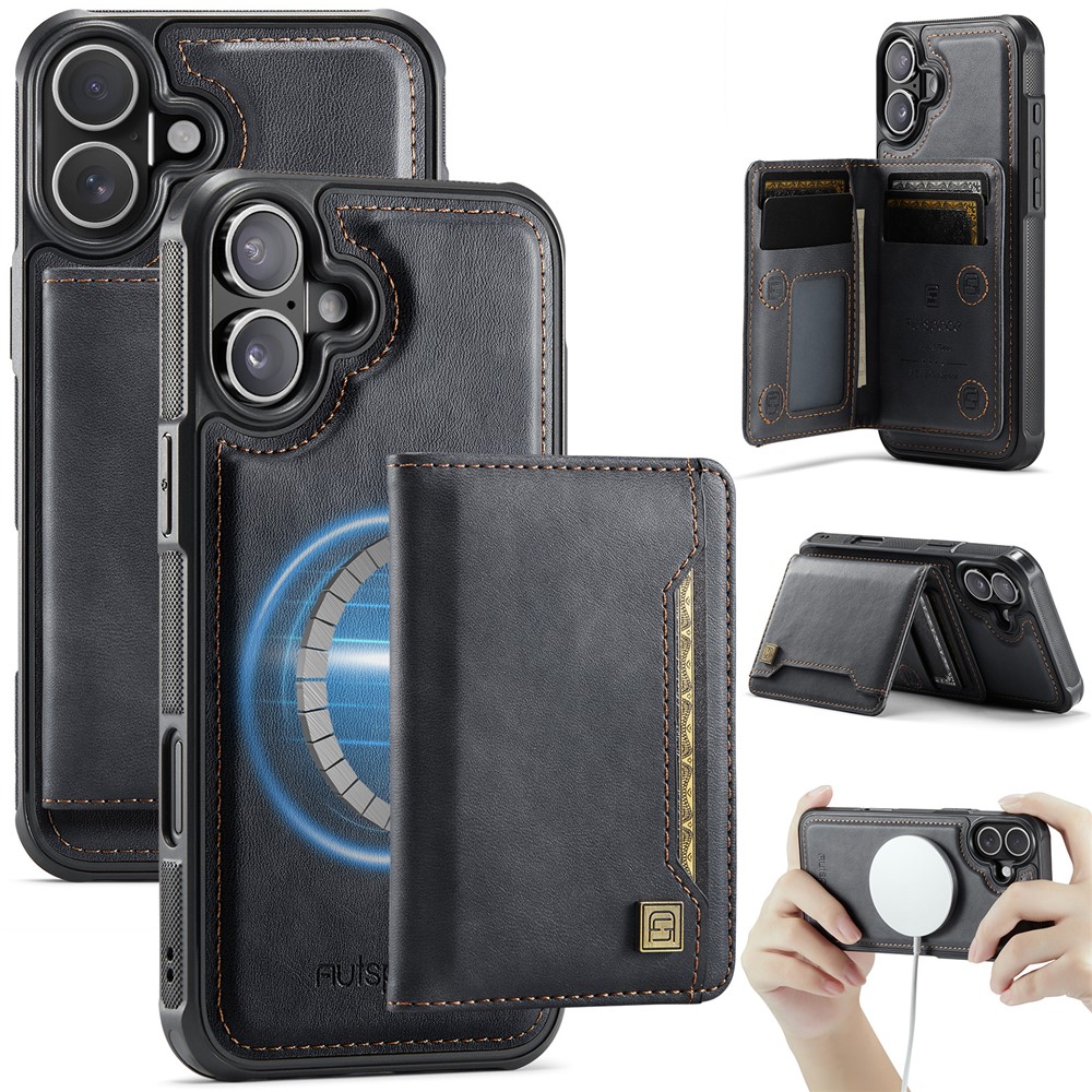 For iPhone 16 Plus Case AUTSPACE A13 Vintage Leather Back Cover with Magnetic Detachable Card Bag - Black
