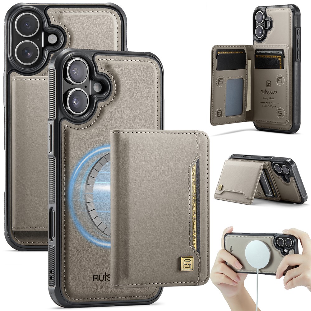 For iPhone 16 Plus Case AUTSPACE A13 Vintage Leather Back Cover with Magnetic Detachable Card Bag - Grey