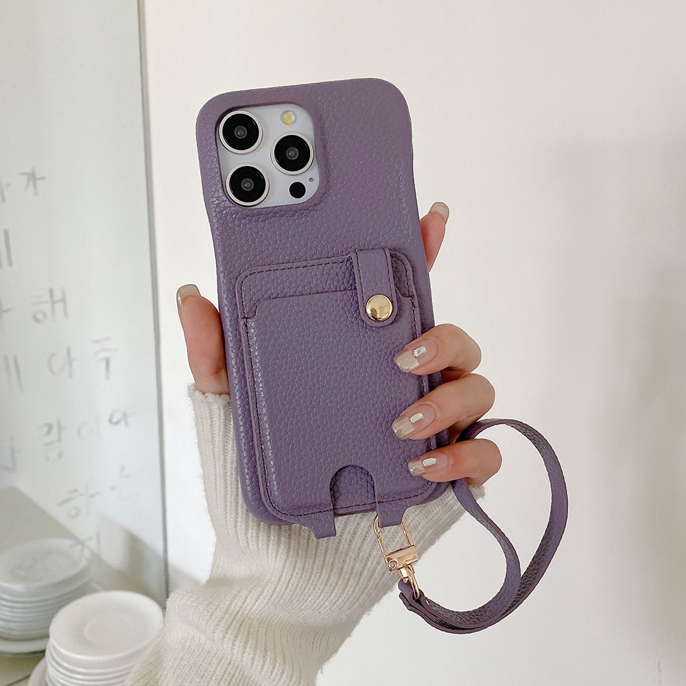 For iPhone 14 Pro Max Case Multi-Functional Card Slots Leather Back Cover with Wrist Strap - Purple