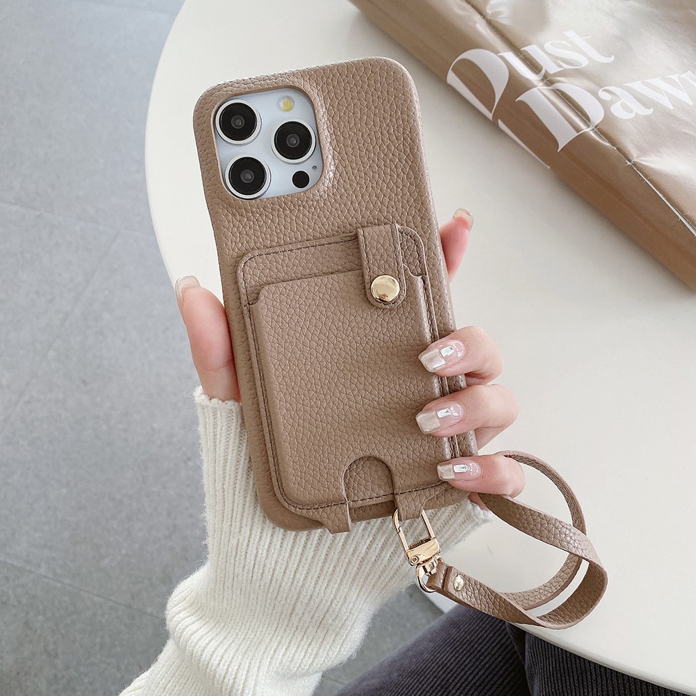 For iPhone 14 Pro Case Multi-Functional Card Slots Leather Back Cover with Wrist Strap - Light Brown