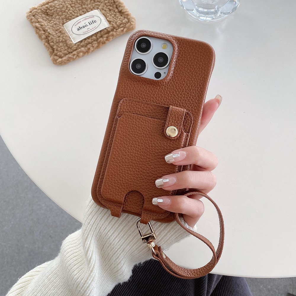 For iPhone 14 Pro Case Multi-Functional Card Slots Leather Back Cover with Wrist Strap - Dark Brown