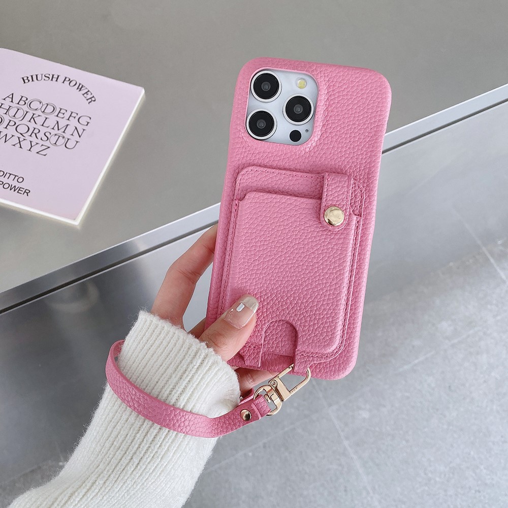 For iPhone 14 Pro Case Multi-Functional Card Slots Leather Back Cover with Wrist Strap - Pink