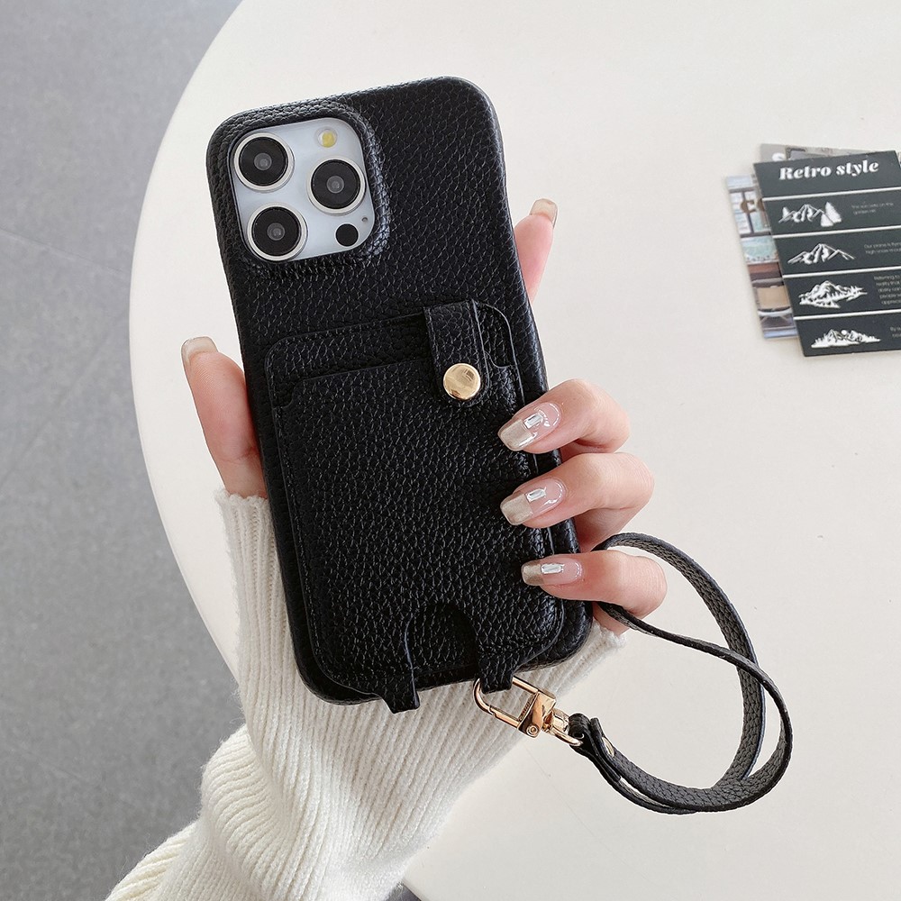 For iPhone 14 Pro Case Multi-Functional Card Slots Leather Back Cover with Wrist Strap - Black