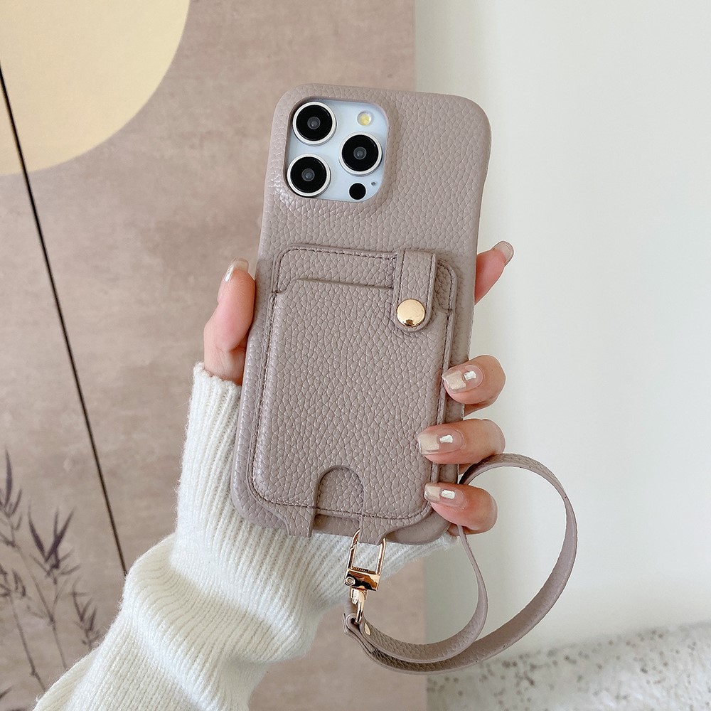 For iPhone 14 Pro Case Multi-Functional Card Slots Leather Back Cover with Wrist Strap - Grey