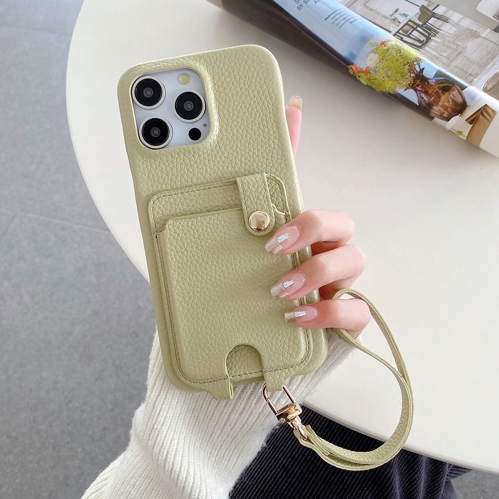 For iPhone 15 Pro Max Case Multi-Functional Card Slots Leather Back Cover with Wrist Strap - Green