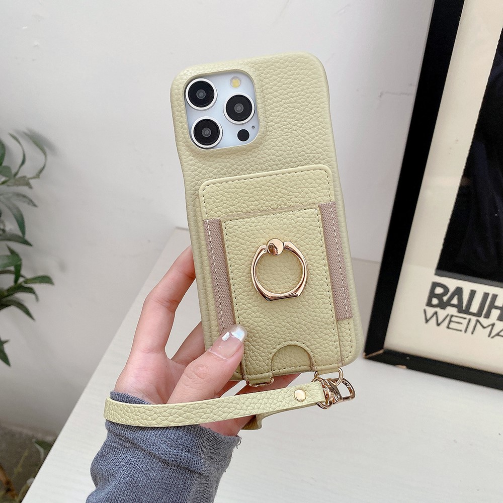 For iPhone 15 Pro Max Case Card Slots Kickstand PU Leather Back Cover with Ring Holder, Wrist Strap - Green