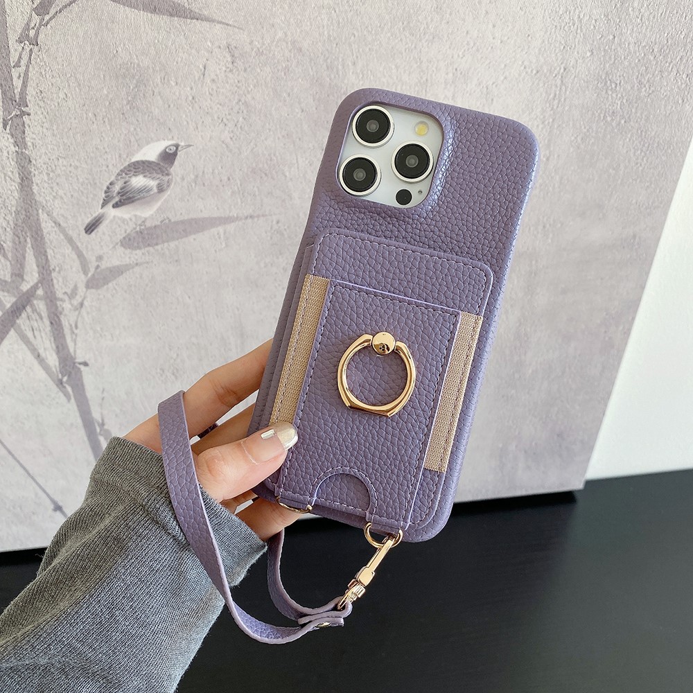For iPhone 15 Pro Max Case Card Slots Kickstand PU Leather Back Cover with Ring Holder, Wrist Strap - Purple