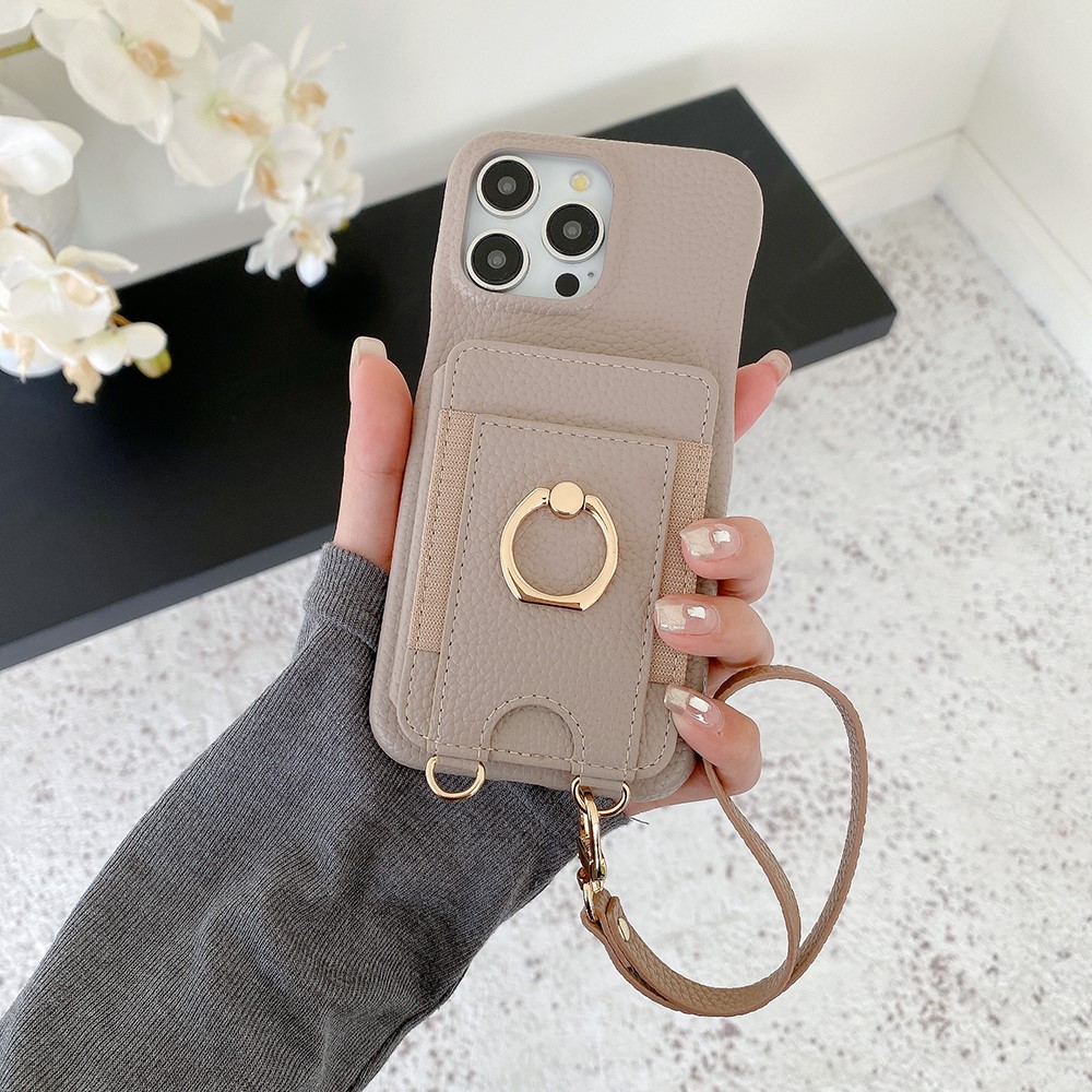 For iPhone 15 Pro Max Case Card Slots Kickstand PU Leather Back Cover with Ring Holder, Wrist Strap - Grey