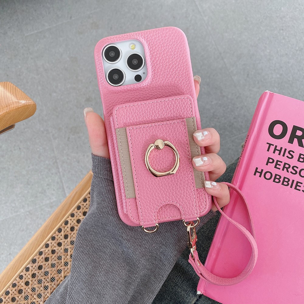 For iPhone 14 Pro Max Case Card Slots Kickstand PU Leather Back Cover with Ring Holder, Wrist Strap - Pink