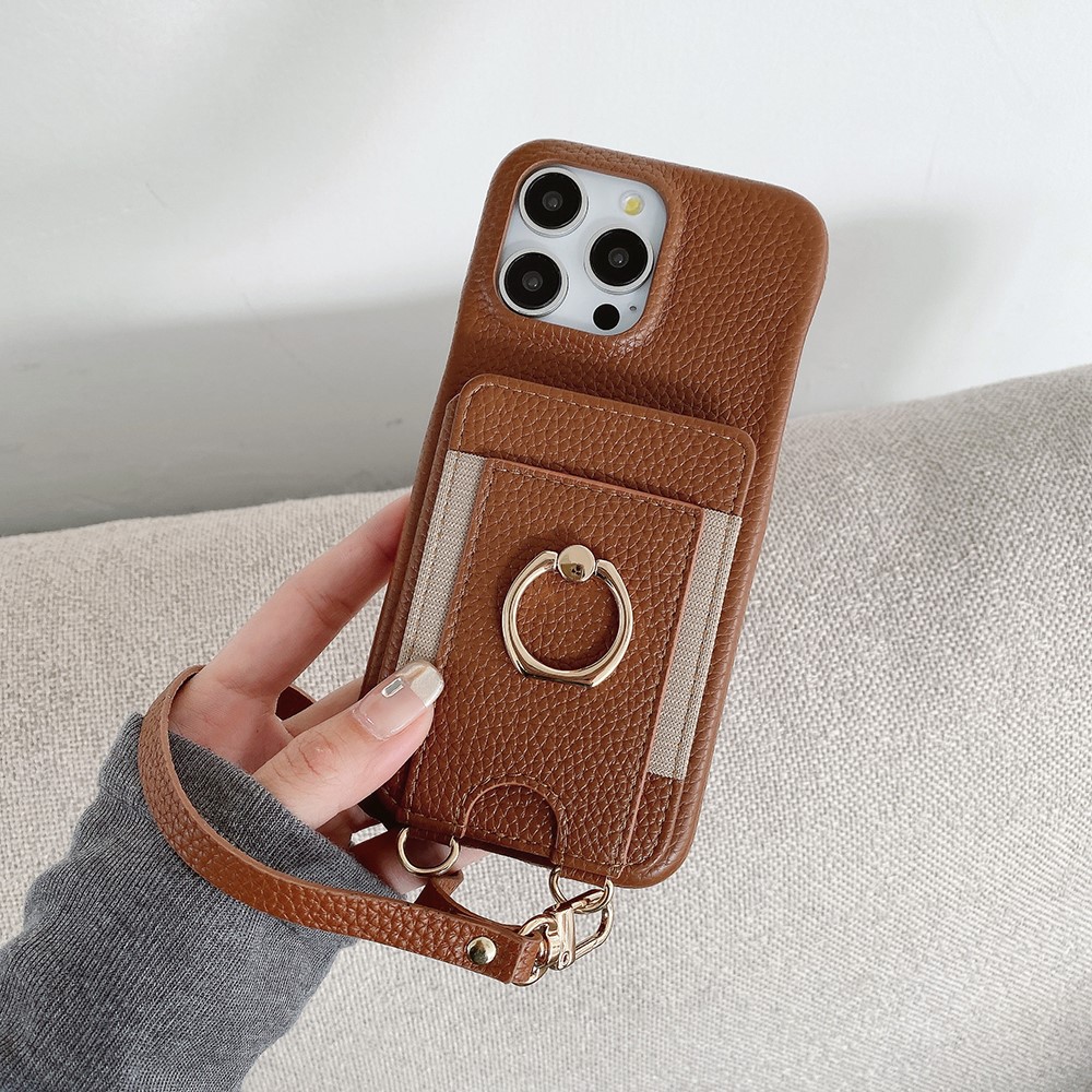 For iPhone 14 Pro Case Card Slots Kickstand PU Leather Back Cover with Ring Holder, Wrist Strap - Dark Brown