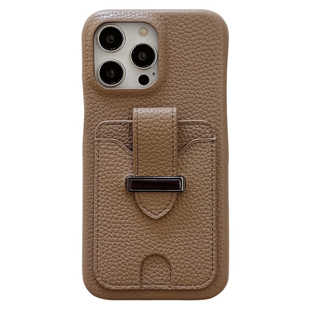 For iPhone 14 Pro Case with Card Slots Litchi Texture Leather + PET Phone Cover - Light Brown