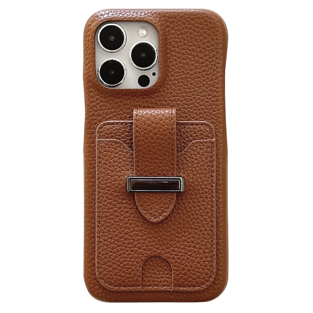 For iPhone 14 Pro Case with Card Slots Litchi Texture Leather + PET Phone Cover - Dark Brown