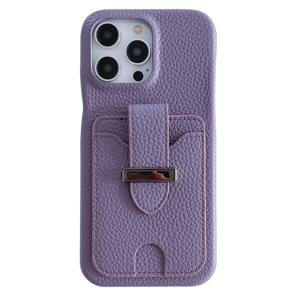 For iPhone 14 Pro Case with Card Slots Litchi Texture Leather + PET Phone Cover - Purple