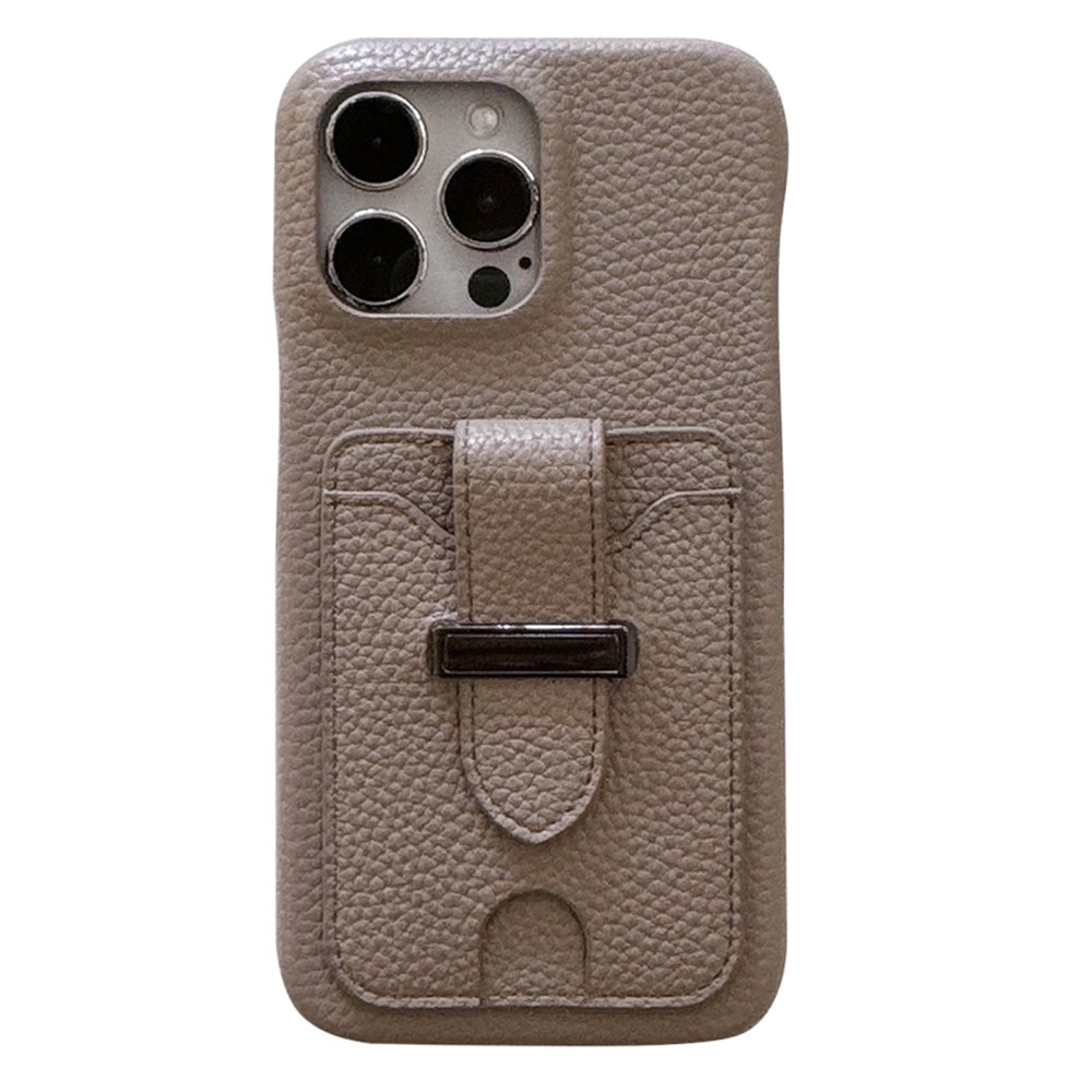 For iPhone 14 Pro Case with Card Slots Litchi Texture Leather + PET Phone Cover - Grey