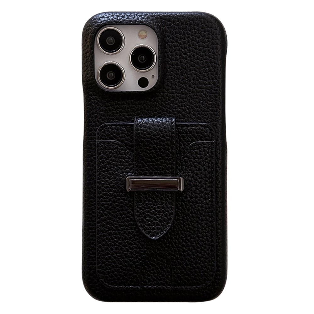 For iPhone 14 Pro Case with Card Slots Litchi Texture Leather + PET Phone Cover - Black