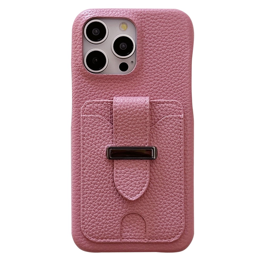 For iPhone 14 Pro Case with Card Slots Litchi Texture Leather + PET Phone Cover - Pink
