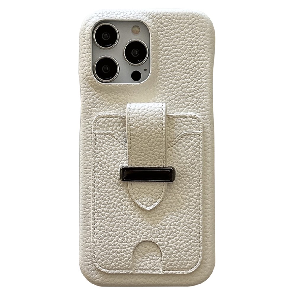 For iPhone 14 Pro Case with Card Slots Litchi Texture Leather + PET Phone Cover - White