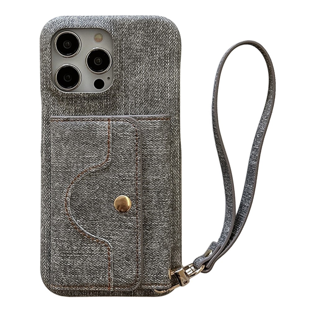 For iPhone 15 Pro Max Case Card Slots Mirror Design Jeans Cloth Texture PU Leather Back Cover with Strap - Grey