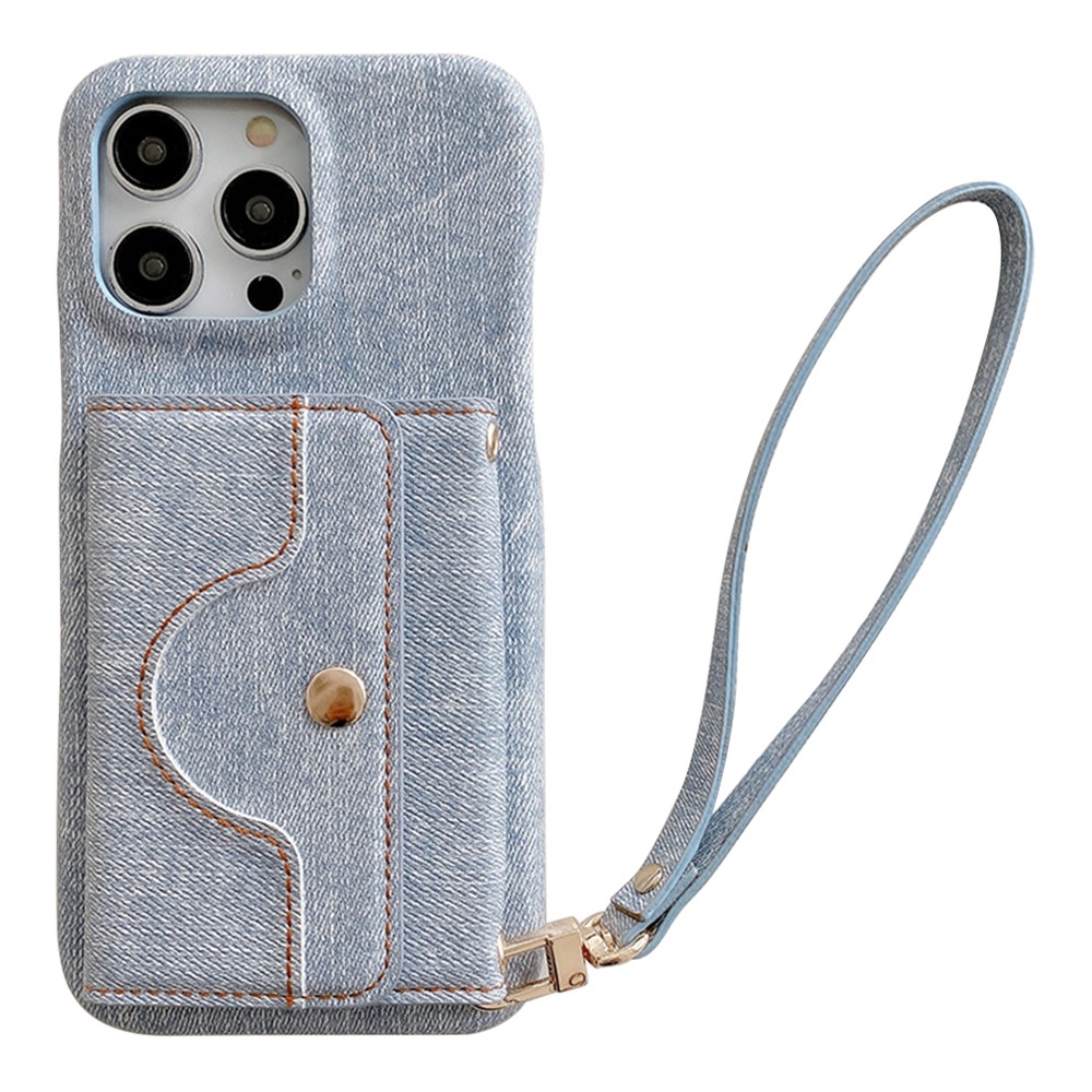 For iPhone 15 Pro Max Case Card Slots Mirror Design Jeans Cloth Texture PU Leather Back Cover with Strap - Baby Blue