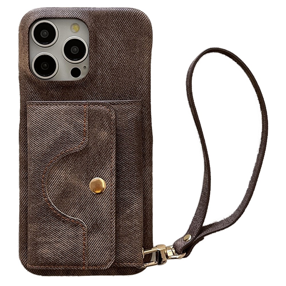 For iPhone 14 Pro Max Case Card Slots Mirror Design Jeans Cloth Texture PU Leather Back Cover with Strap - Light Brown