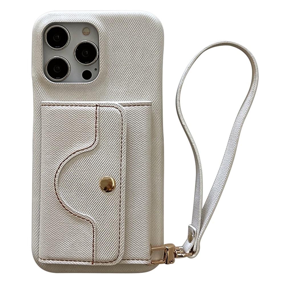 For iPhone 14 Pro Max Case Card Slots Mirror Design Jeans Cloth Texture PU Leather Back Cover with Strap - White