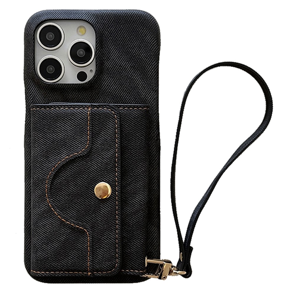 For iPhone 14 Pro Max Case Card Slots Mirror Design Jeans Cloth Texture PU Leather Back Cover with Strap - Black