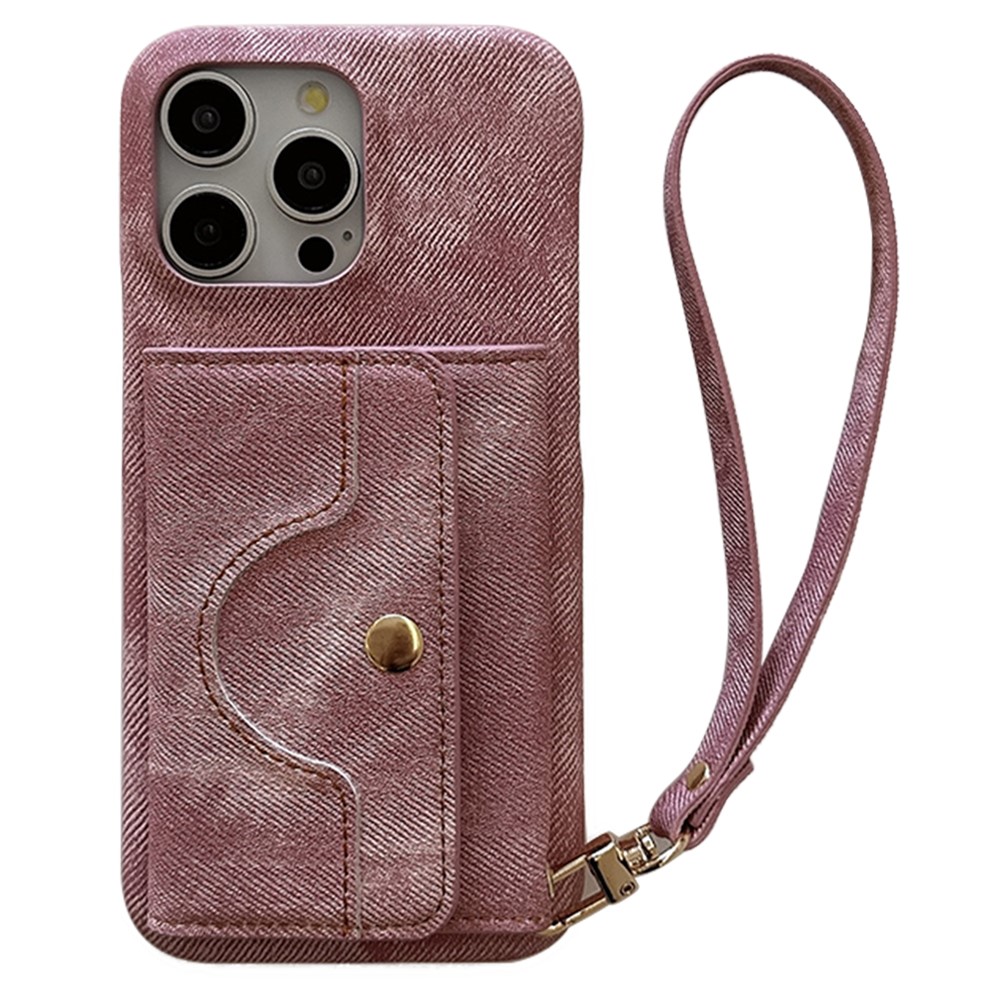 For iPhone 14 Pro Case Card Slots Mirror Design Jeans Cloth Texture PU Leather Back Cover with Strap - Pink