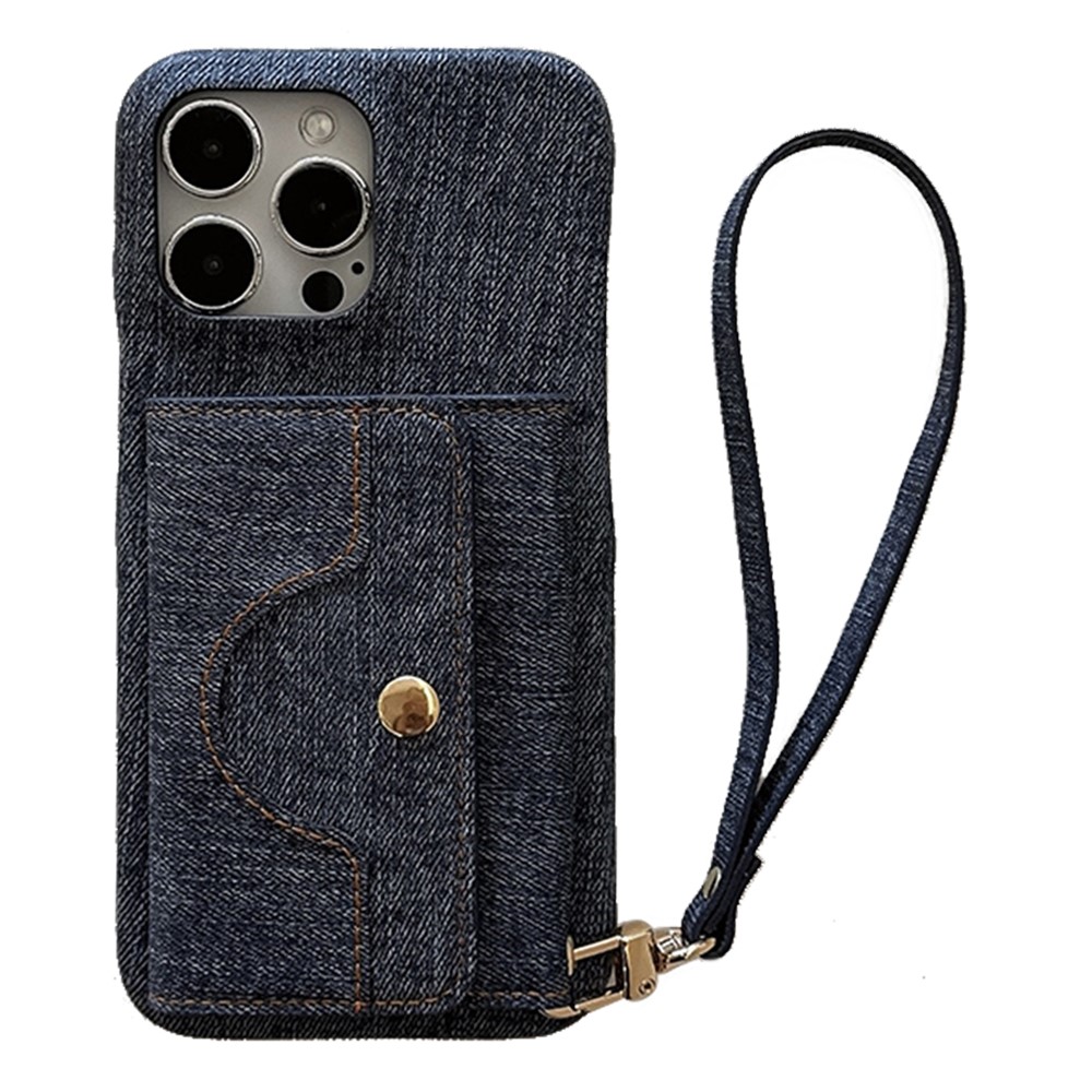 For iPhone 14 Pro Case Card Slots Mirror Design Jeans Cloth Texture PU Leather Back Cover with Strap - Dark Blue