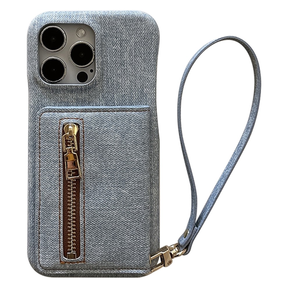 For iPhone 14 Pro Case Zipper Card Holder Kickstand Jeans Cloth Texture PU Leather Back Cover with Strap