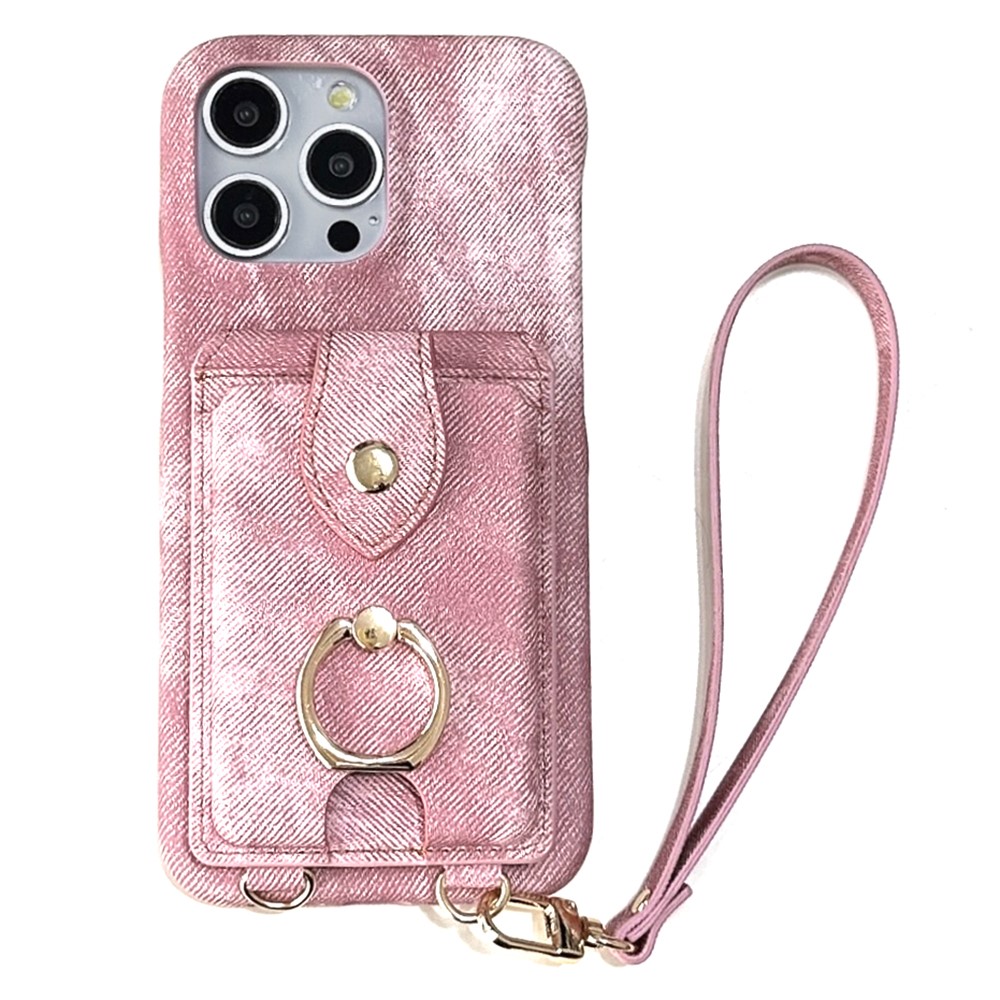 For iPhone 14 Pro Max Case Ring Kickstand Card Holder Jeans Cloth Texture PU Leather Back Cover with Strap - Pink