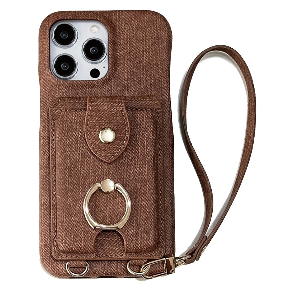 For iPhone 14 Pro Max Case Ring Kickstand Card Holder Jeans Cloth Texture PU Leather Back Cover with Strap - Dark Brown