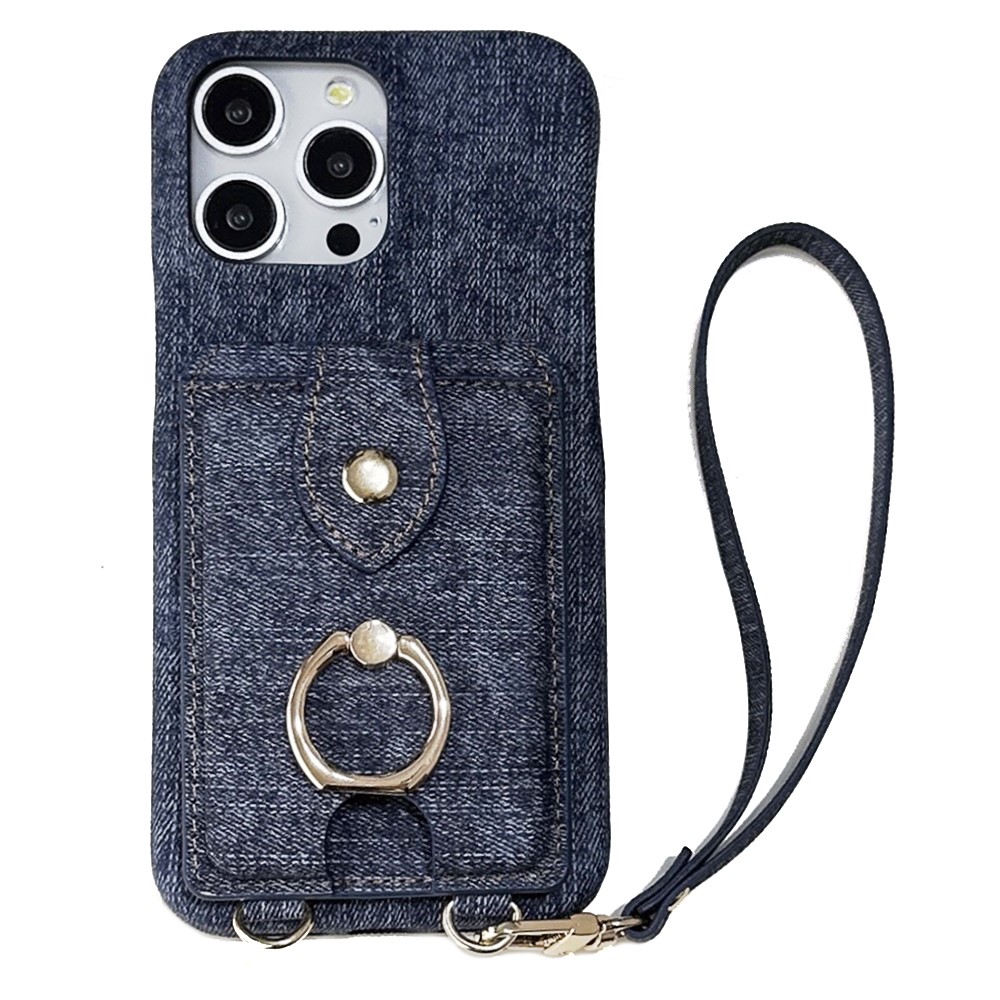 For iPhone 14 Pro Max Case Ring Kickstand Card Holder Jeans Cloth Texture PU Leather Back Cover with Strap - Dark Blue