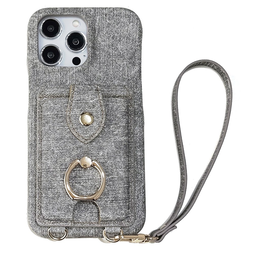 For iPhone 14 Pro Max Case Ring Kickstand Card Holder Jeans Cloth Texture PU Leather Back Cover with Strap - Grey