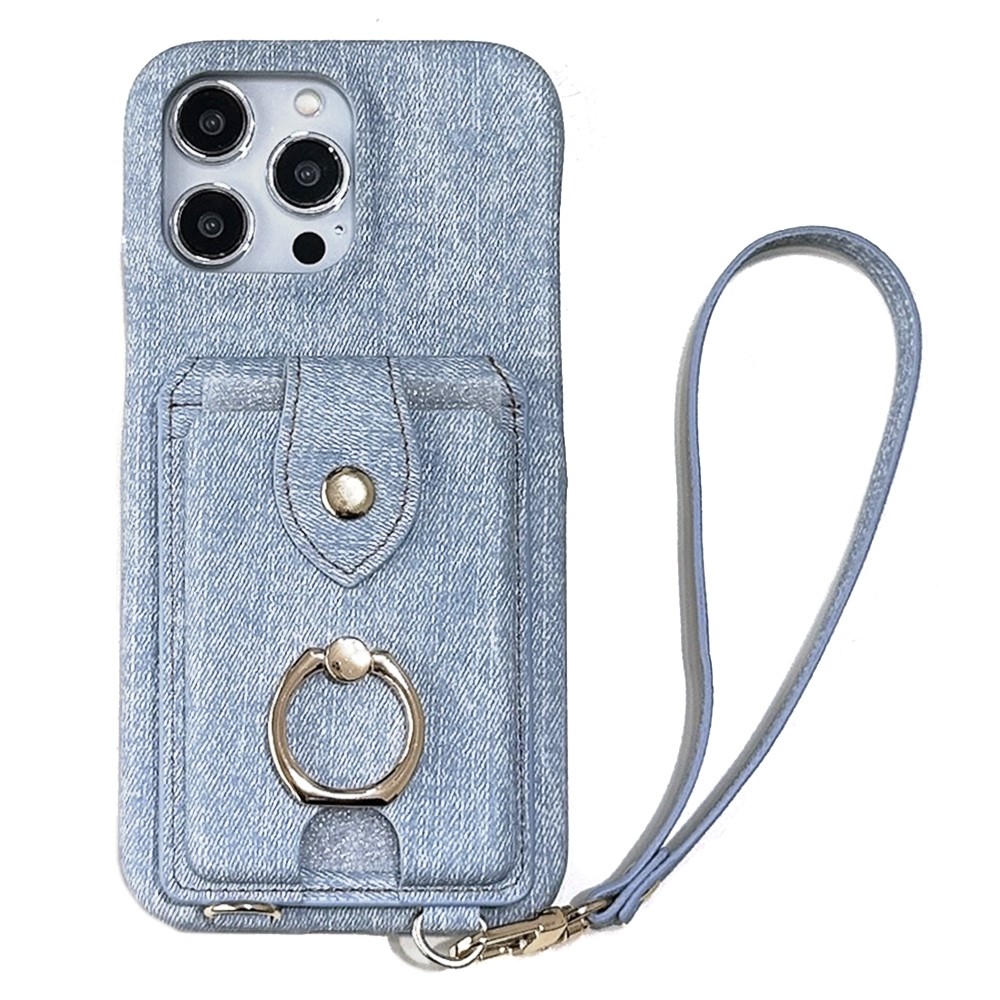 For iPhone 14 Pro Max Case Ring Kickstand Card Holder Jeans Cloth Texture PU Leather Back Cover with Strap - Baby Blue